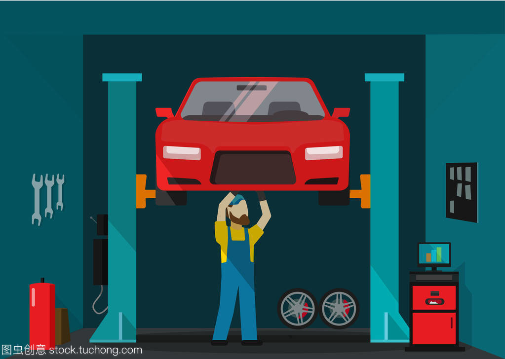 汽车维修服务中的车库矢量图示与机修工工作站的科学布局